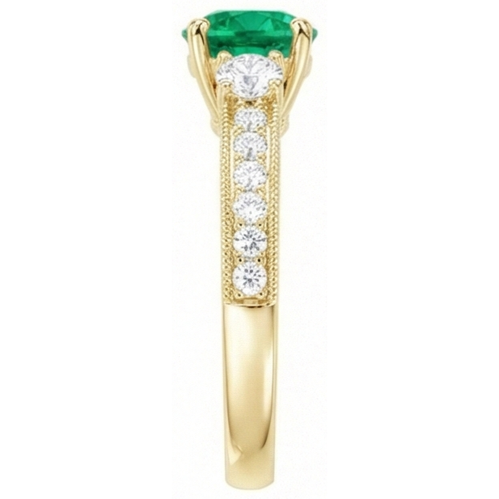 Taglio Rotondo Smeraldo Fine anello in Oro Giallo 14K – vista angolare
