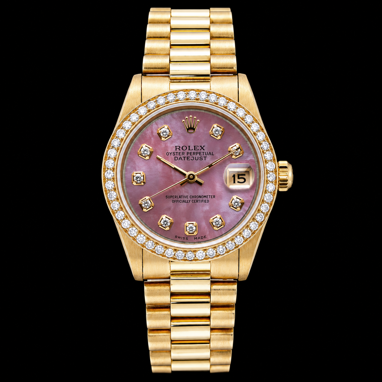 Orologio Rolex President Oro Giallo 31 mm con Quadrante con Diamanti in Madreperla Borgogna