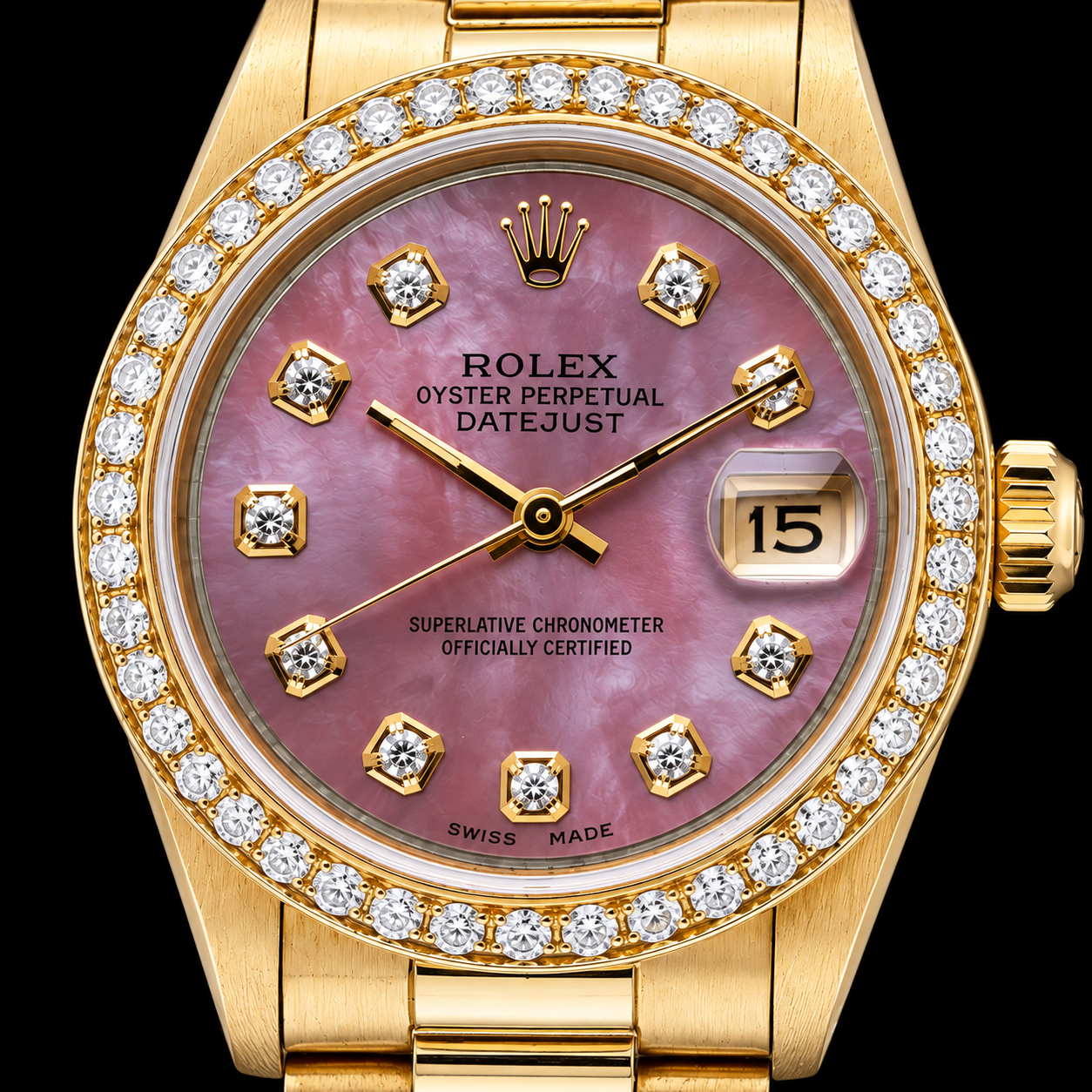 Orologio Rolex President Oro Giallo 31 mm con Quadrante con Diamanti in Madreperla Borgogna