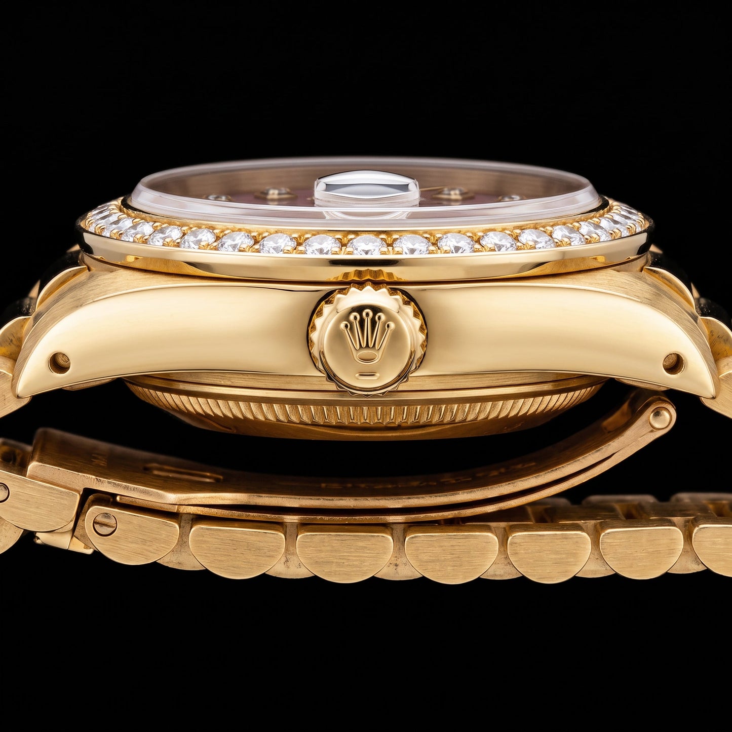 Orologio Rolex President Oro Giallo 31 mm con Quadrante con Diamanti in Madreperla Borgogna