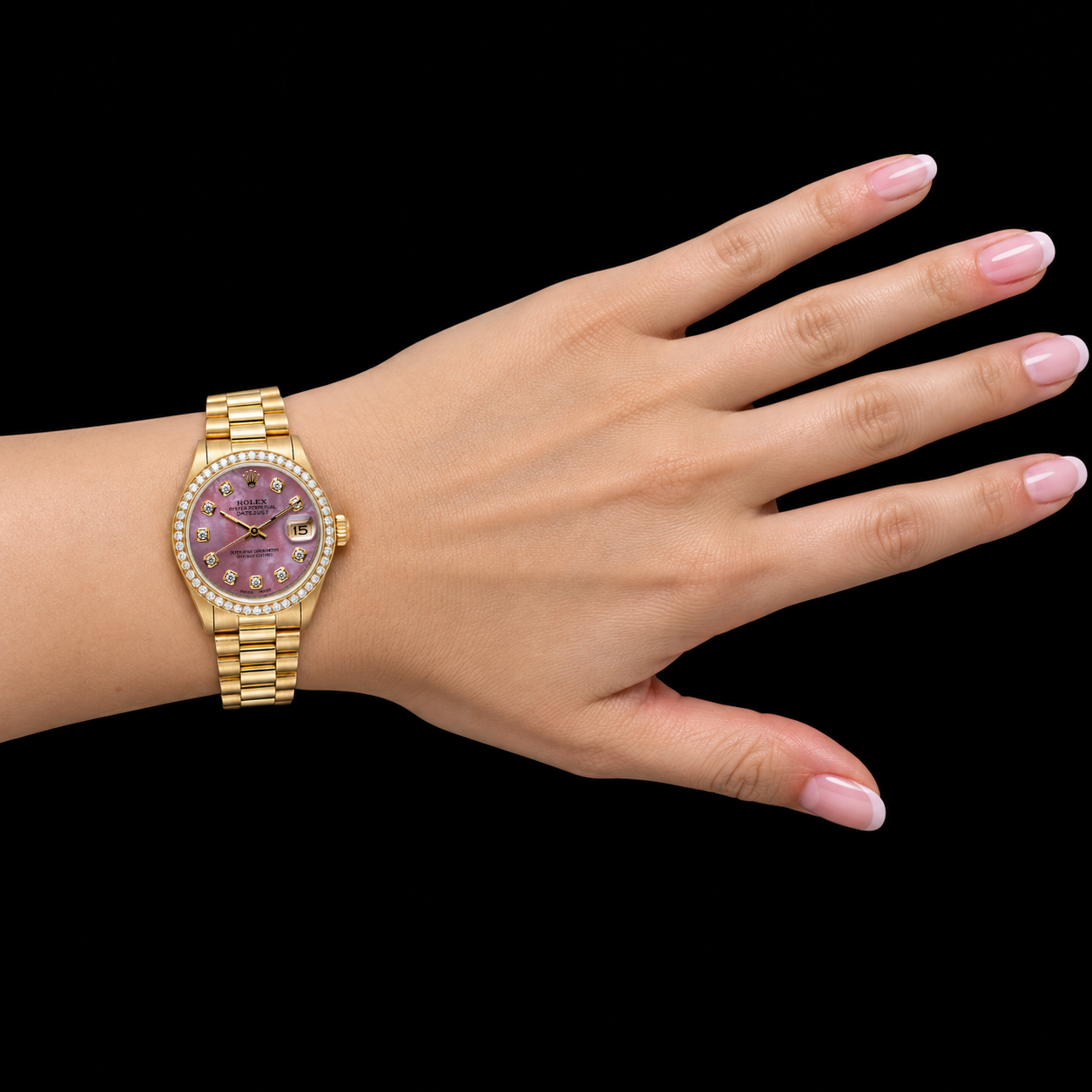 Orologio Rolex President Oro Giallo 31 mm con Quadrante con Diamanti in Madreperla Borgogna