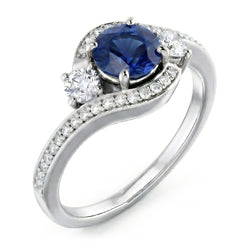 Zaffiro Blu Ceylon E Diamante Anello Oro Bianco 14K