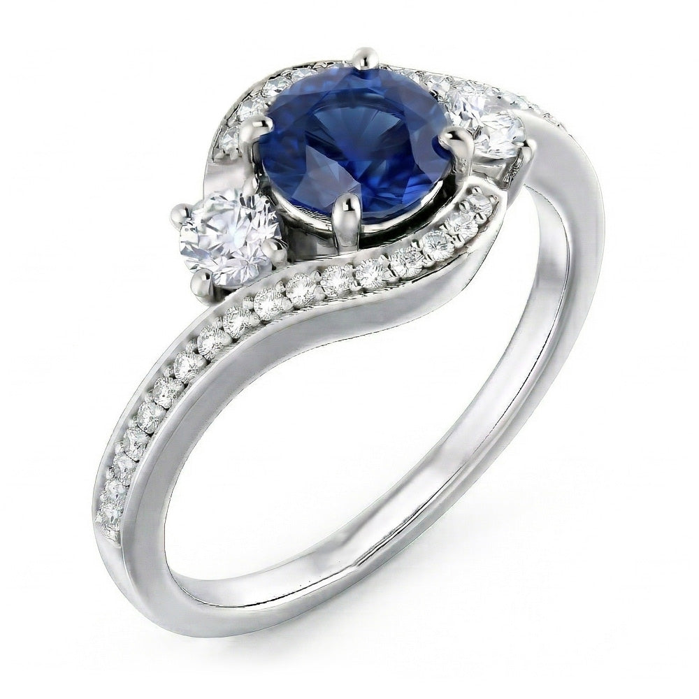 Zaffiro Blu Ceylon E Diamante Anello Oro Bianco 14K