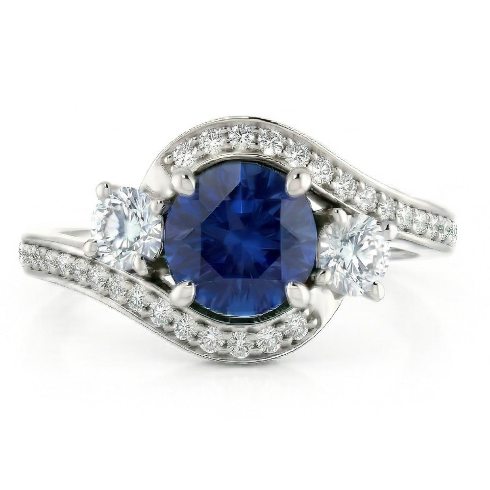 Zaffiro Blu Ceylon E Diamante Anello Oro Bianco 14K