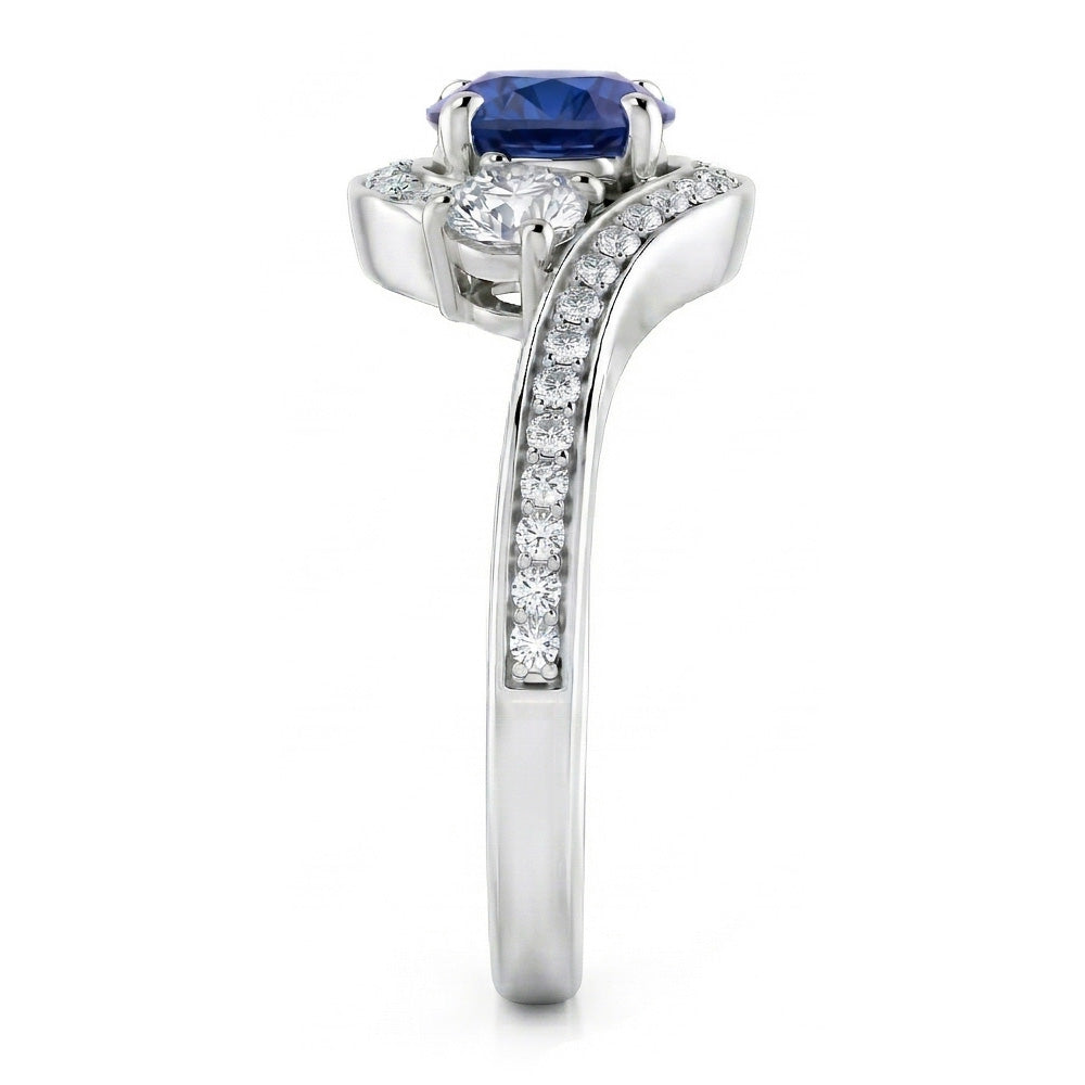 Zaffiro Blu Ceylon E Diamante Anello Oro Bianco 14K