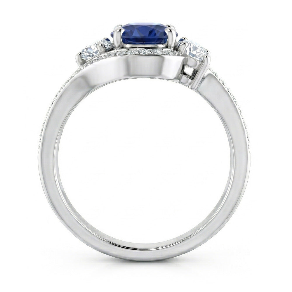 Zaffiro Blu Ceylon E Diamante Anello Oro Bianco 14K