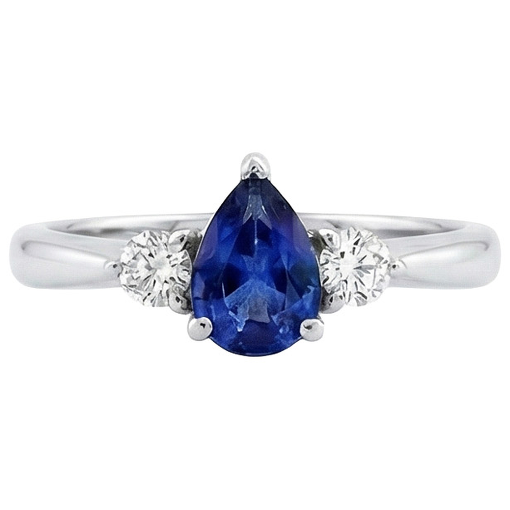 Zaffiro Ceylon Con Diamanti Naturali Autentici ( non creati in laboratorio ) 3 Pietra Anello 1.50 Carati Oro Bianco 14K