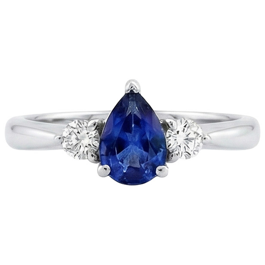 Zaffiro Ceylon Con Diamanti Naturali Autentici ( non creati in laboratorio ) 3 Pietra Anello 1.50 Carati Oro Bianco 14K