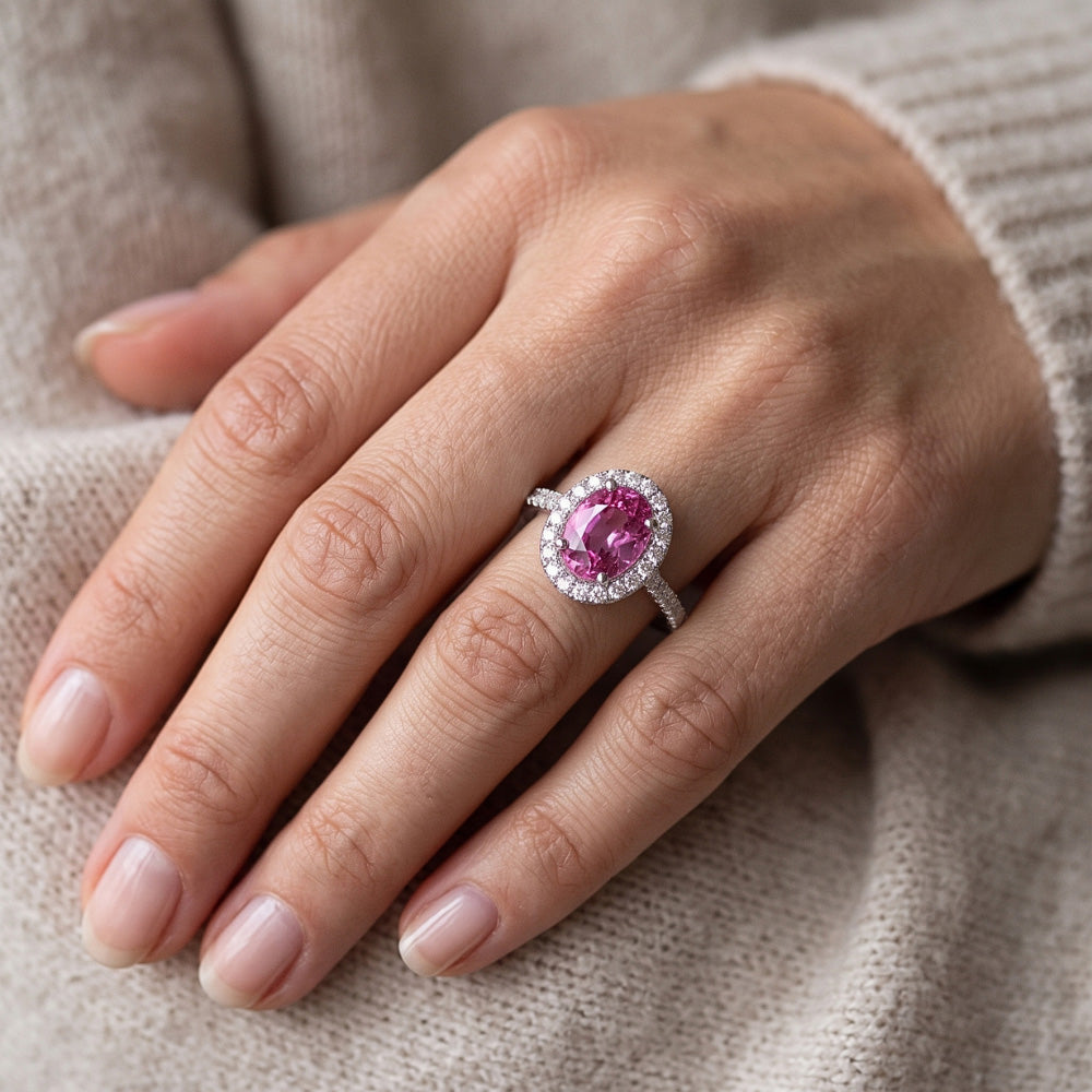 Zaffiro Rosa Halo Anello Diamante