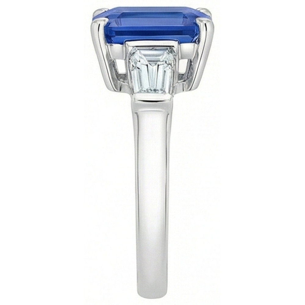 Zaffiro blu 3 pietre a forma di smeraldo e anello baguette 3.50 carati