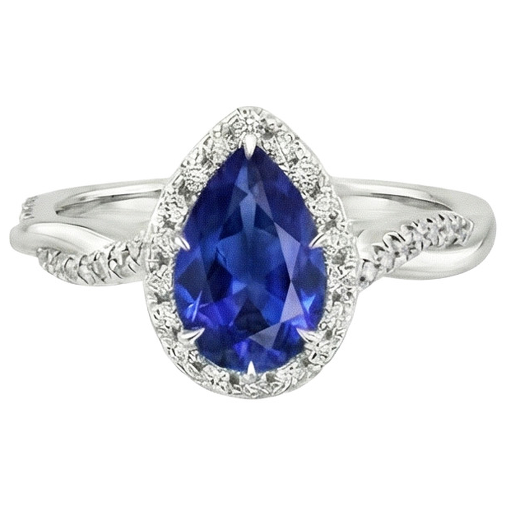 Zaffiro blu Halo Diamond Ring Prongs Pear Cut Stone 7.25 carati d'oro