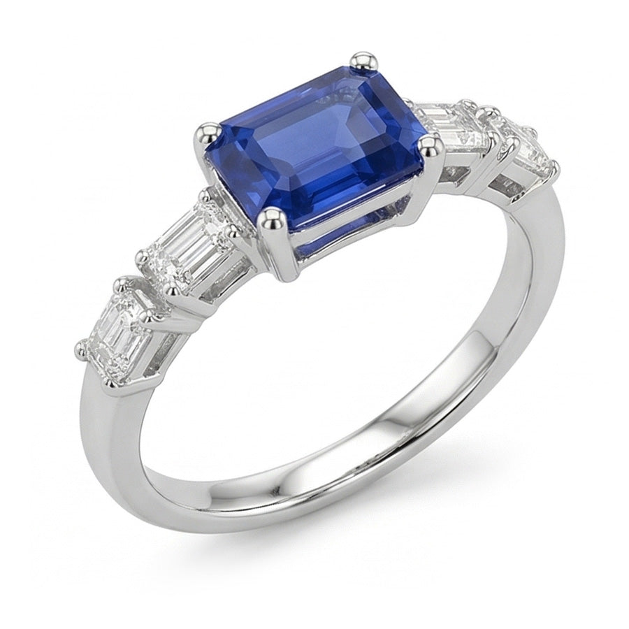 Zaffiro blu e anello di diamanti Smeraldo 2.50 carati 5 gioielli in pietra