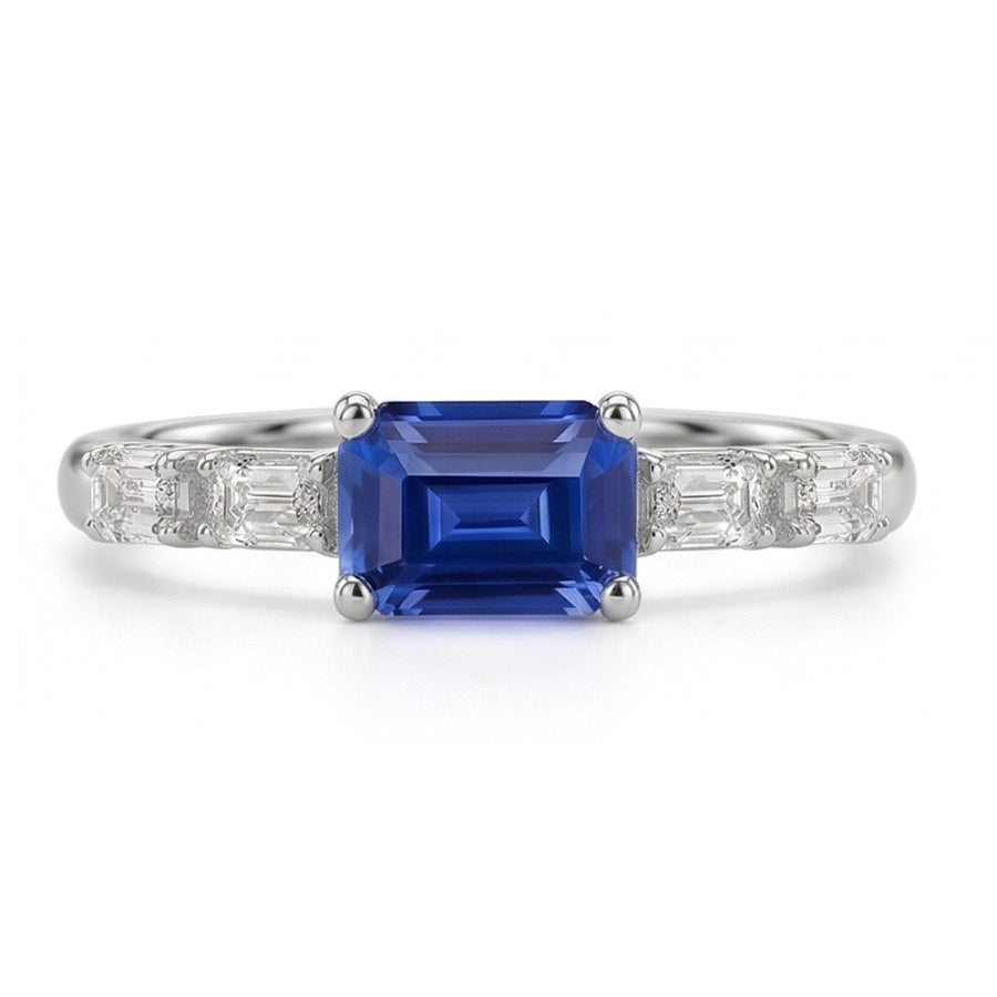 Zaffiro blu e anello di diamanti Smeraldo 2.50 carati 5 gioielli in pietra