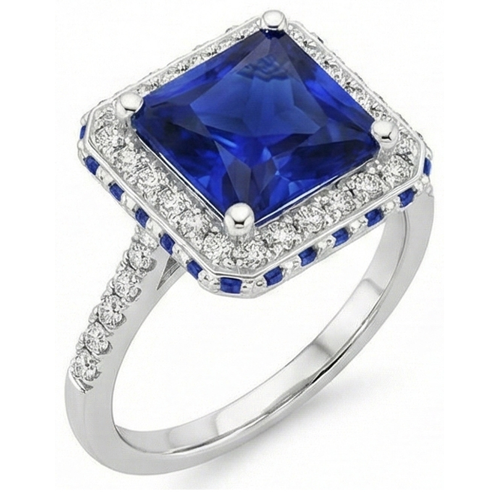 Zaffiro blu e diamante Anello Halo 5.5 carati Princess con accento