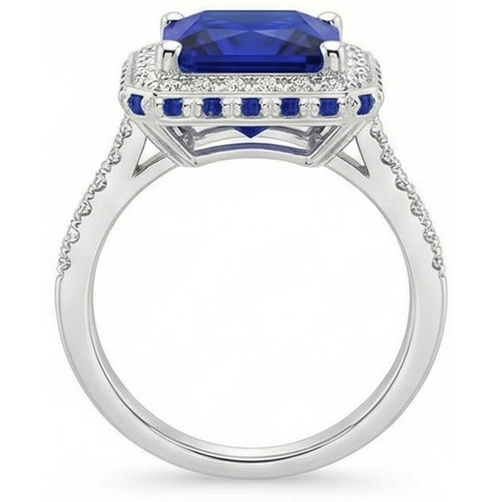 Zaffiro blu e diamante Anello Halo 5.5 carati Princess con accento