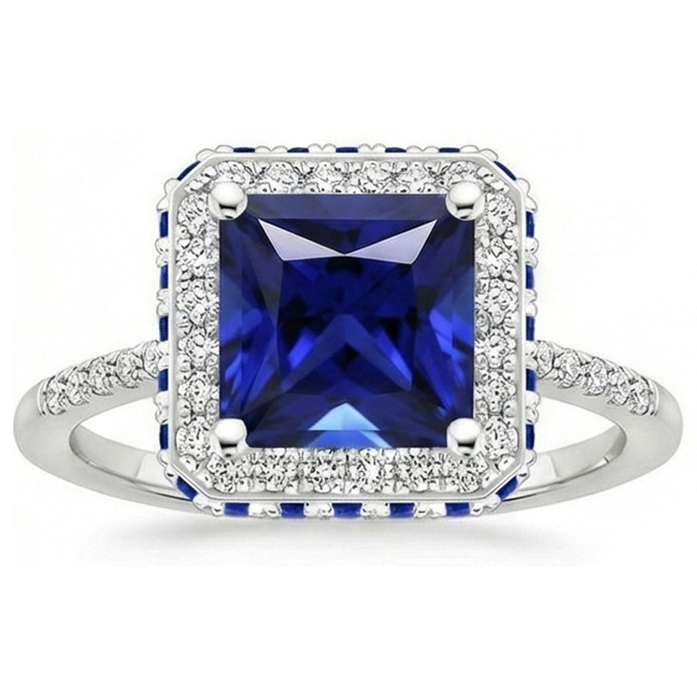 Zaffiro blu e diamante Anello Halo 5.5 carati Princess con accento