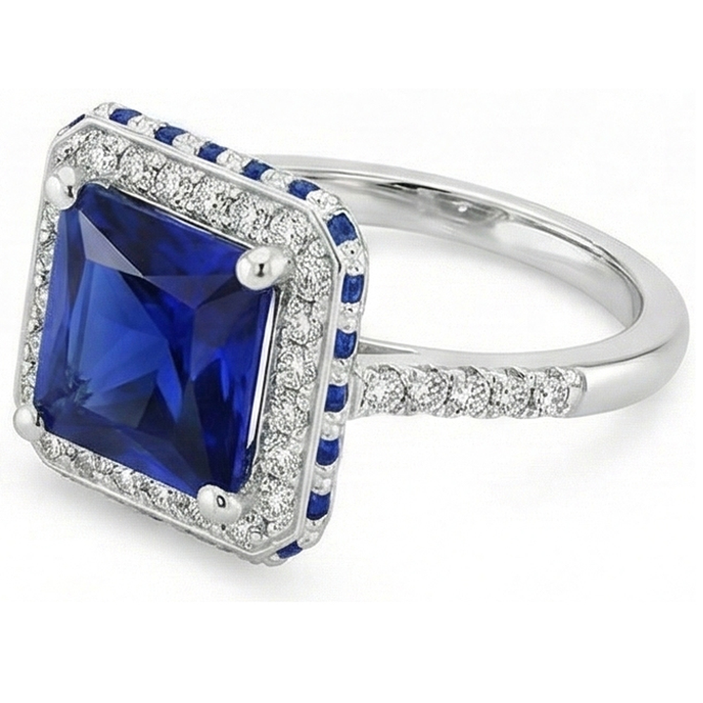 Zaffiro blu e diamante Anello Halo 5.5 carati Princess con accento