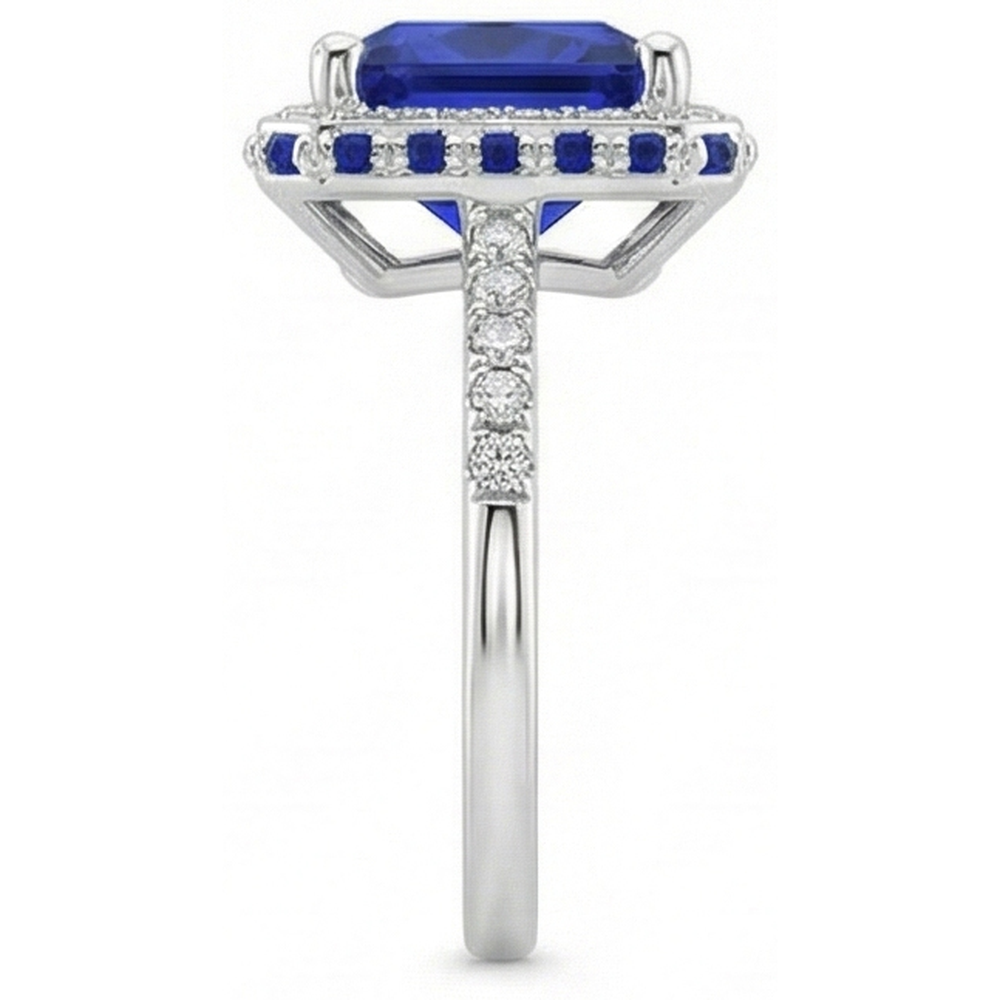 Zaffiro blu e diamante Anello Halo 5.5 carati Princess con accento