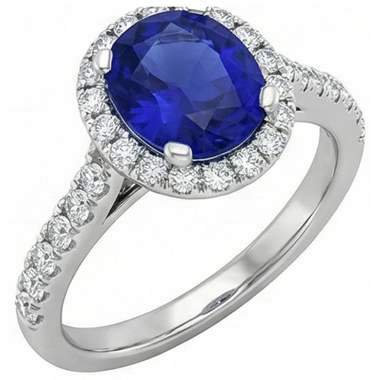 Zaffiro blu rotondo 2.50 carati con anello di diamanti in oro bianco 14K