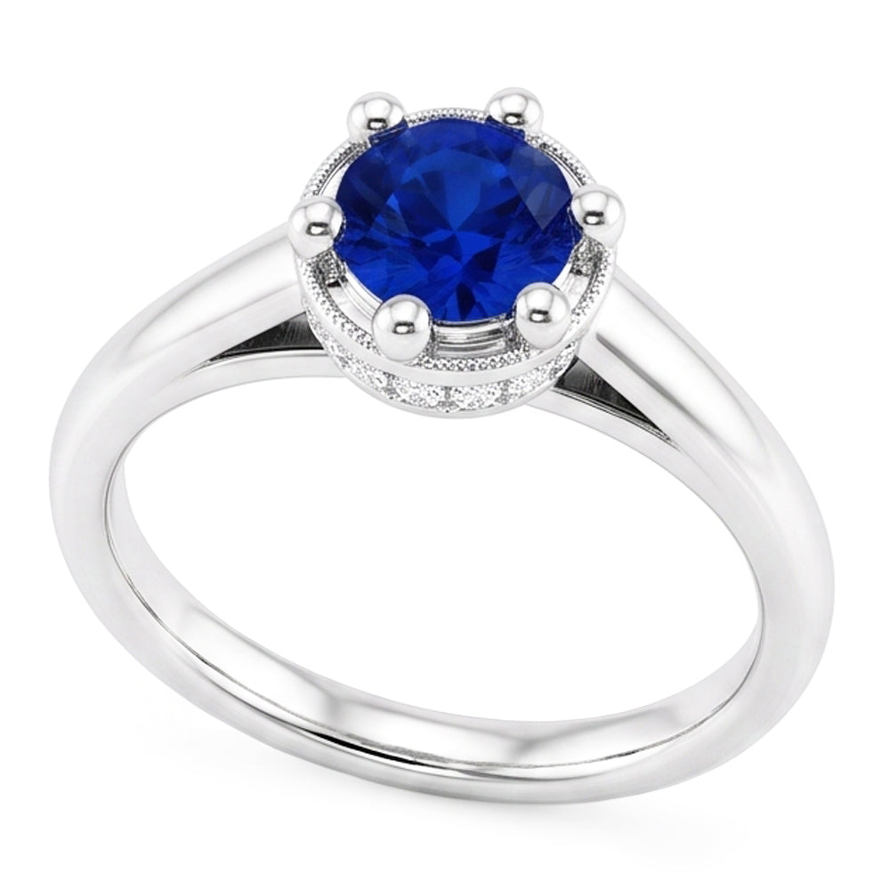 Zaffiro blu rotondo anello stile polo 1.25 carati oro bianco 14K