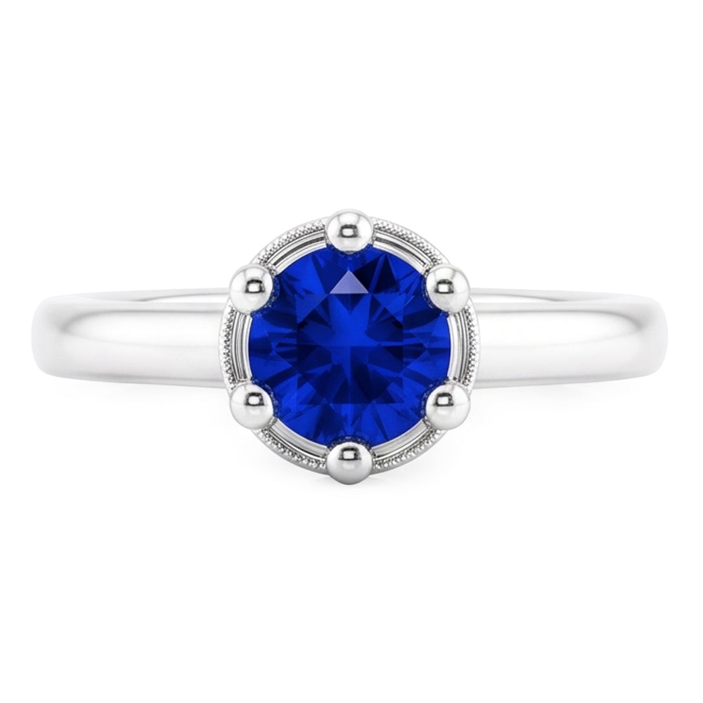 Zaffiro blu rotondo anello stile polo 1.25 carati oro bianco 14K
