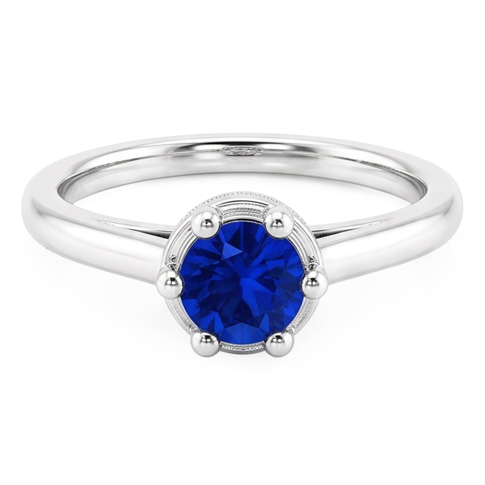 Zaffiro blu rotondo anello stile polo 1.25 carati oro bianco 14K
