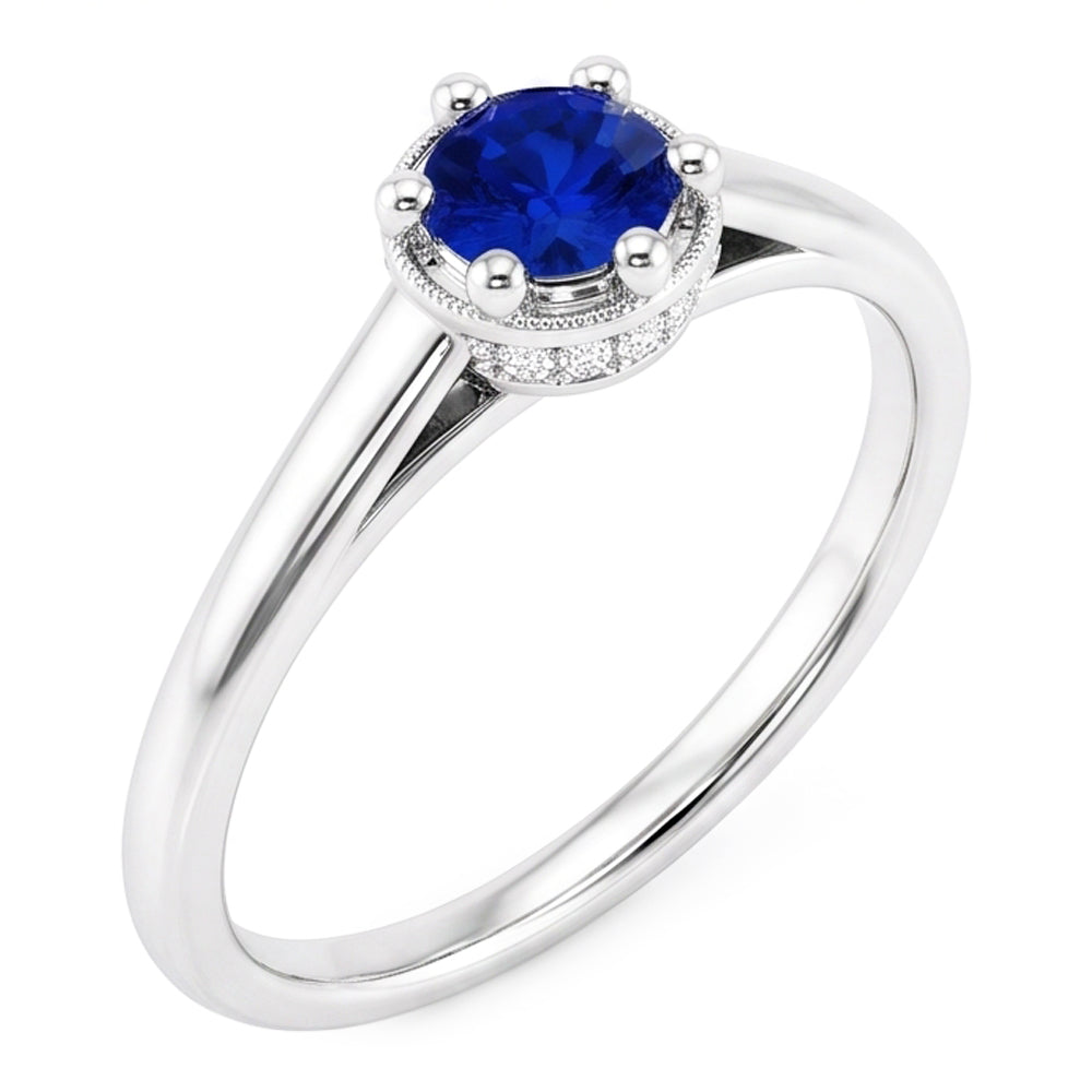 Zaffiro blu rotondo anello stile polo 1.25 carati oro bianco 14K