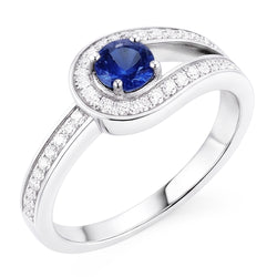 Zaffiro blu rotondo con accenti in stile gambo diviso da 1,50 carati e oro bianco 14K