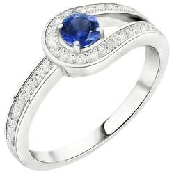Zaffiro blu rotondo con accenti in stile gambo diviso da 1,50 carati e oro bianco 14K