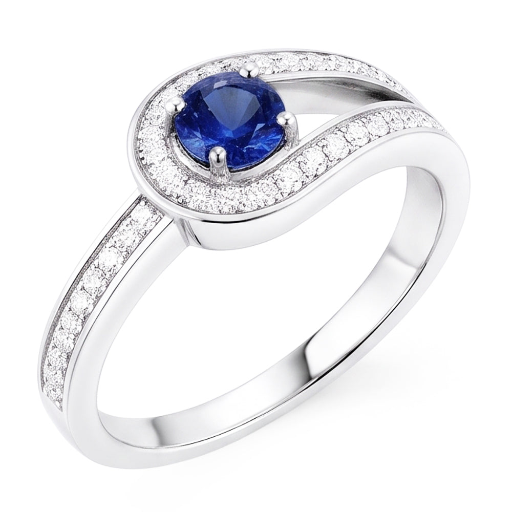 Zaffiro blu rotondo con accenti in stile gambo diviso da 1,50 carati e oro bianco 14K