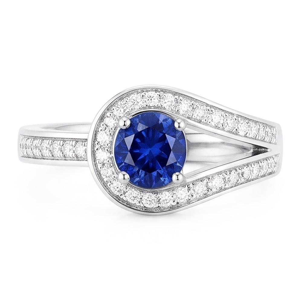 Zaffiro blu rotondo con accenti in stile gambo diviso da 1,50 carati e oro bianco 14K