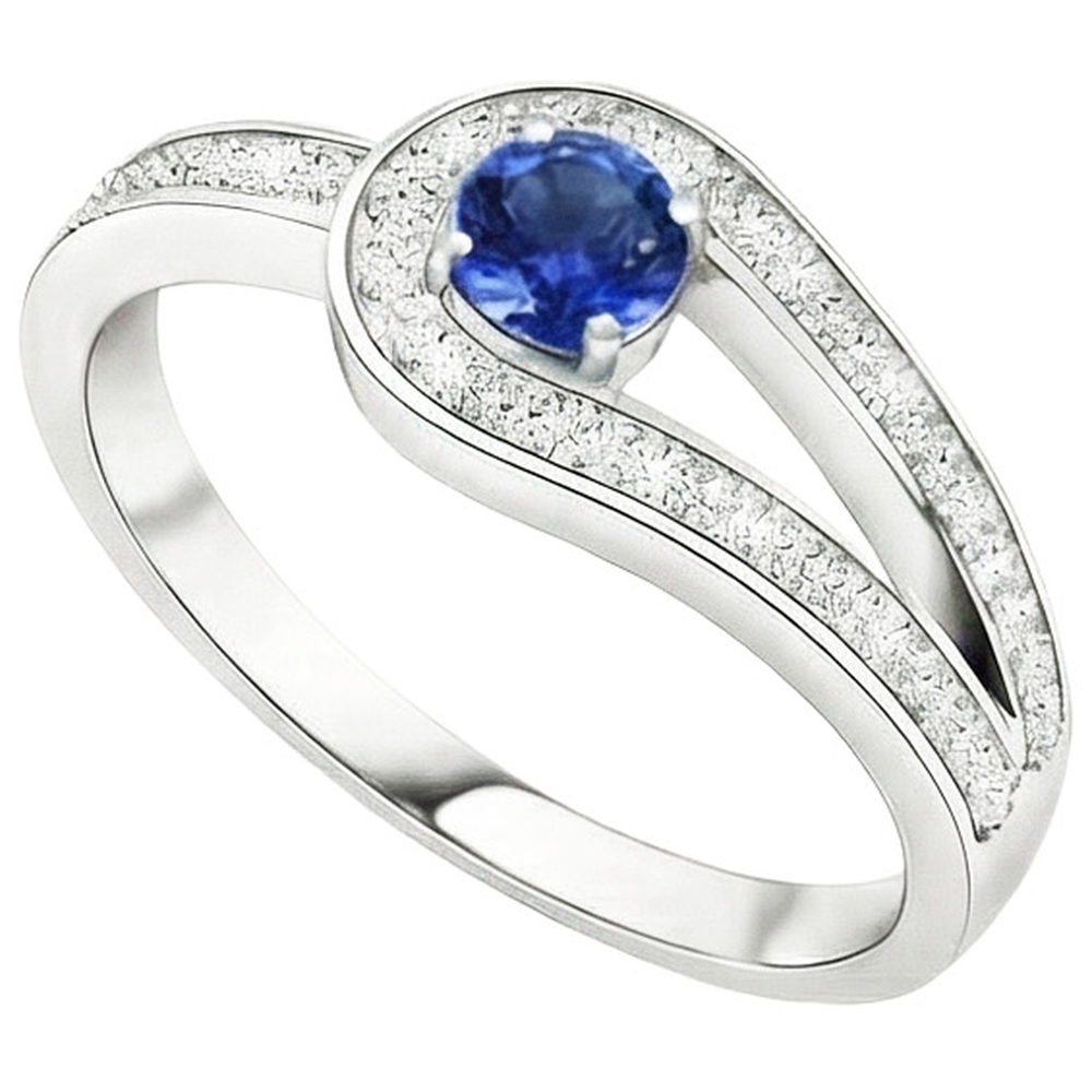 Zaffiro blu rotondo con accenti in stile gambo diviso da 1,50 carati e oro bianco 14K