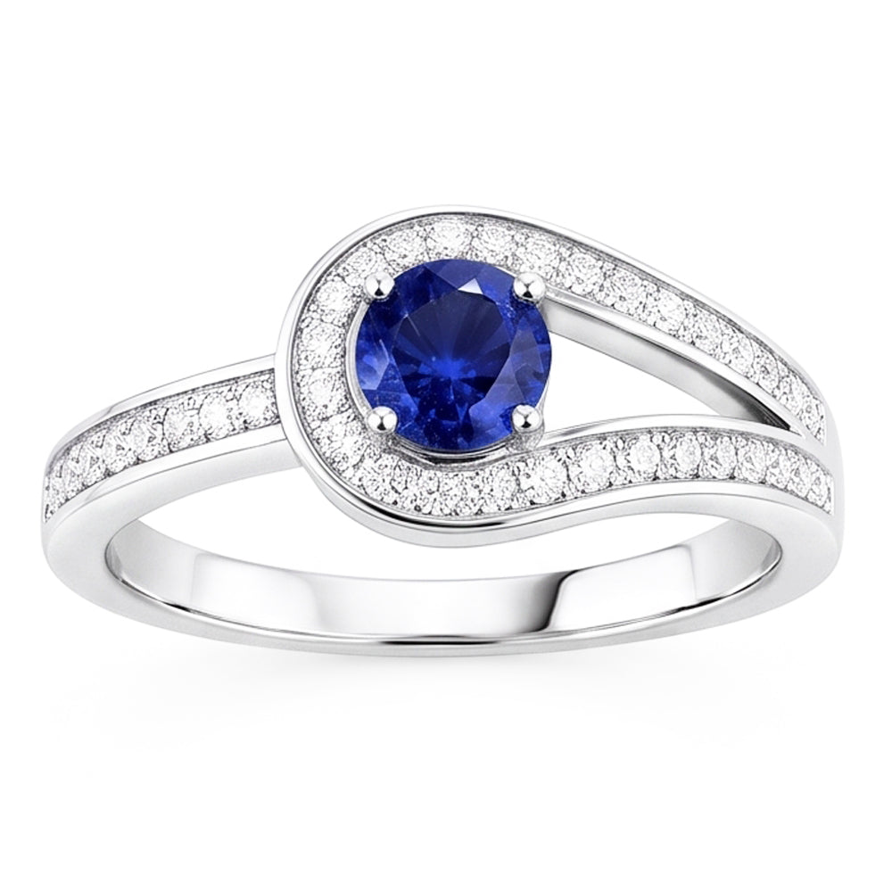 Zaffiro blu rotondo con accenti in stile gambo diviso da 1,50 carati e oro bianco 14K