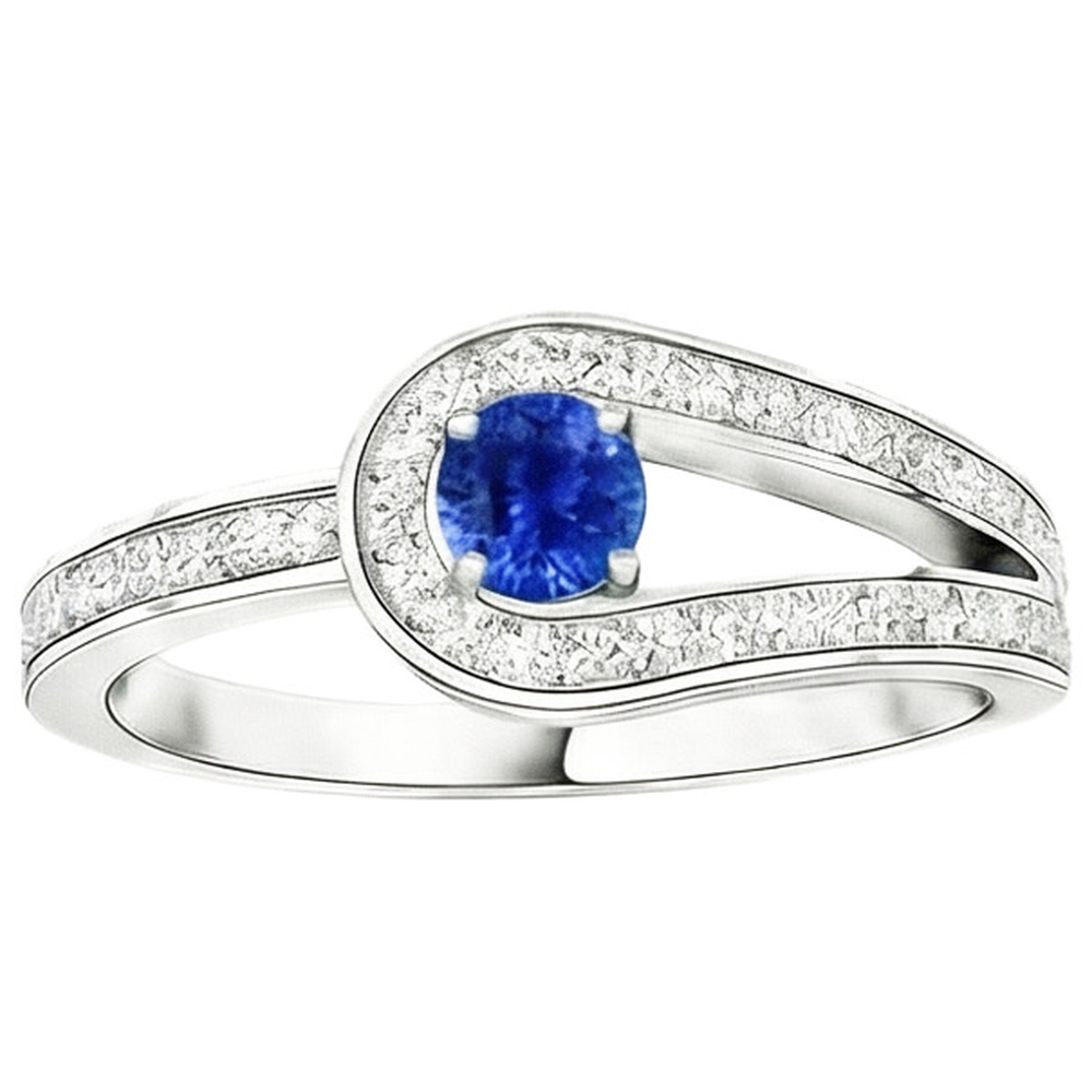 Zaffiro blu rotondo con accenti in stile gambo diviso da 1,50 carati e oro bianco 14K
