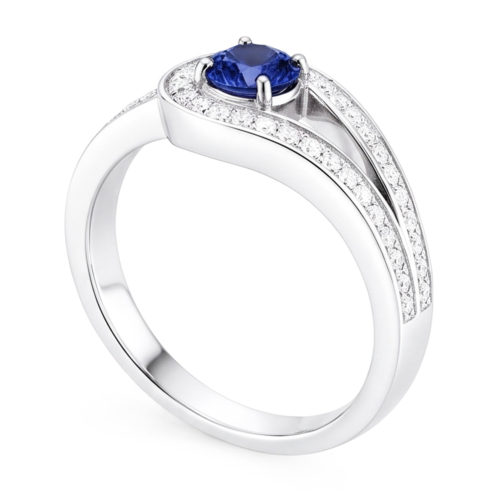 Zaffiro blu rotondo con accenti in stile gambo diviso da 1,50 carati e oro bianco 14K
