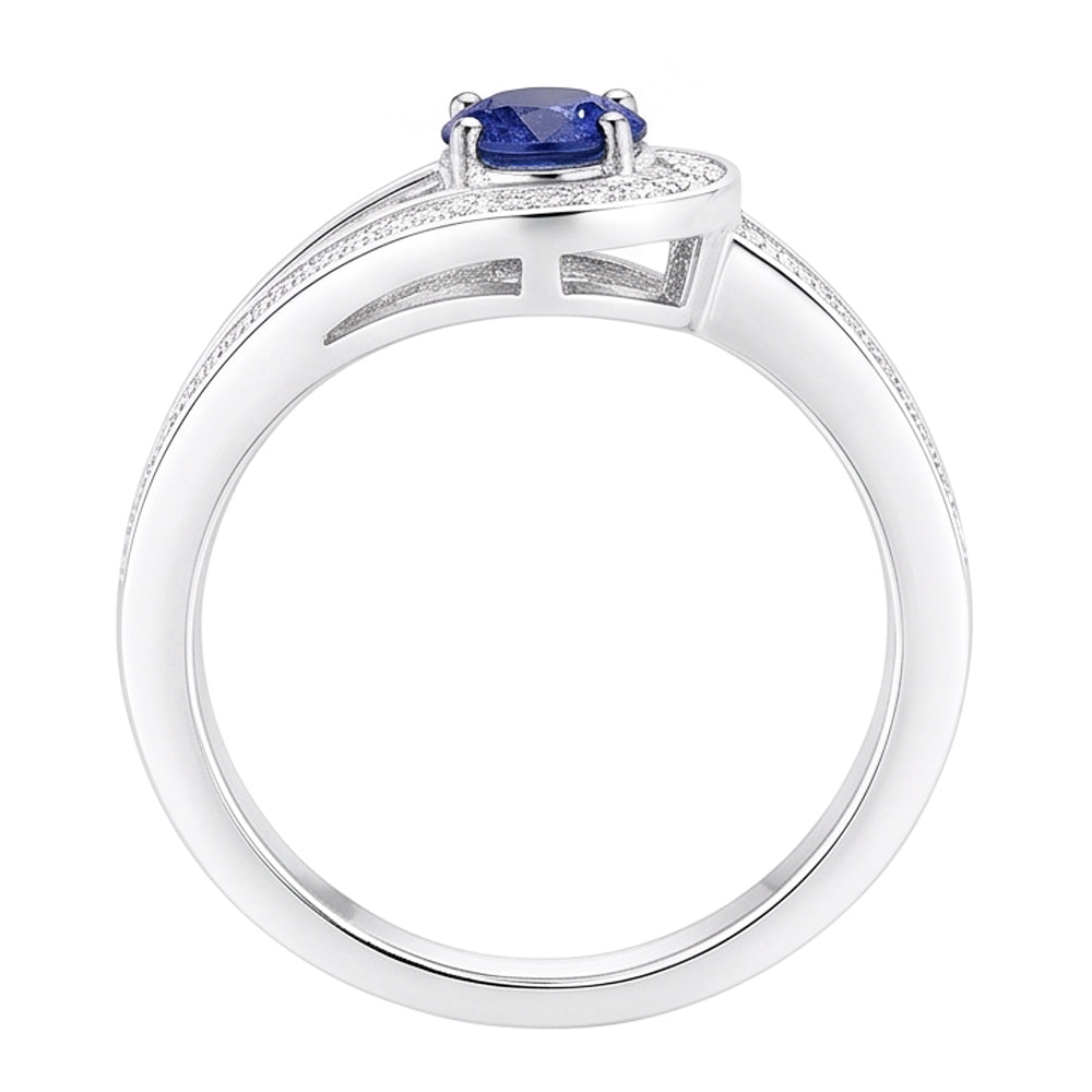 Zaffiro blu rotondo con accenti in stile gambo diviso da 1,50 carati e oro bianco 14K