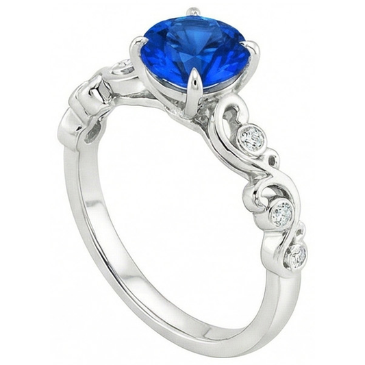 Zaffiro blu rotondo da 1,60 carati e diamante con anello in oro bianco 14K