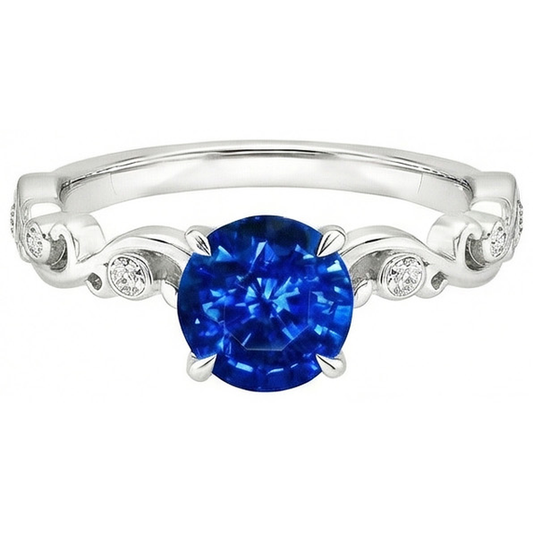 Zaffiro blu rotondo da 1,60 carati e diamante con anello in oro bianco 14K