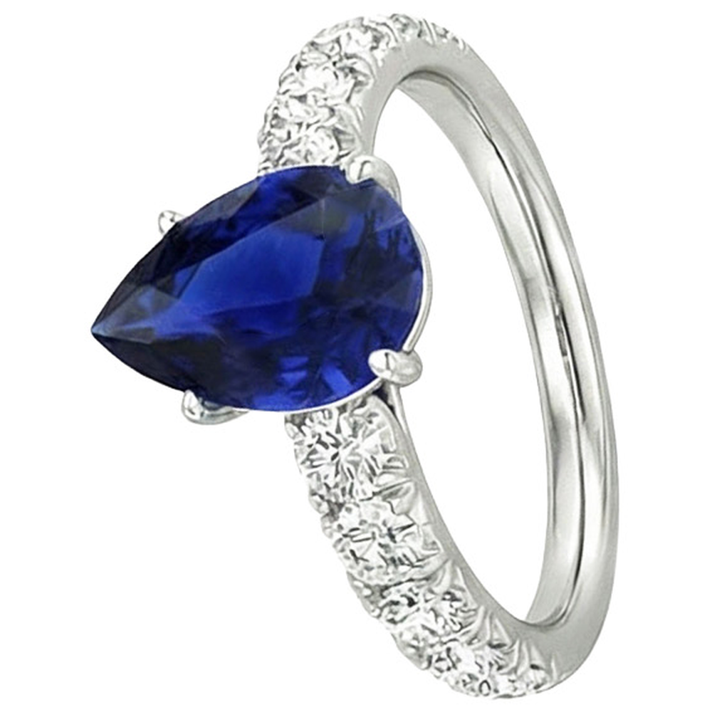 Zaffiro dello Sri Lanka a forma di pera con diamante rotondo anello gioielli 4.50 carati