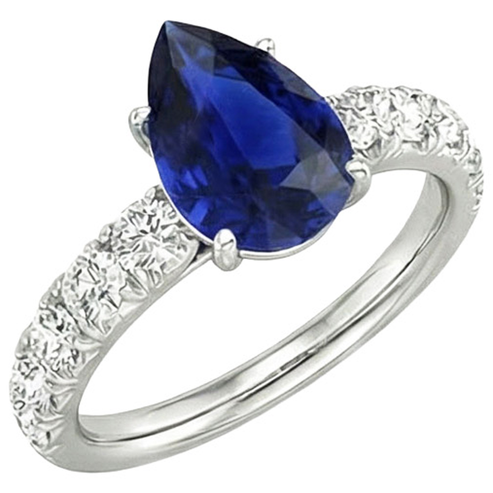 Zaffiro dello Sri Lanka a forma di pera con diamante rotondo anello gioielli 4.50 carati