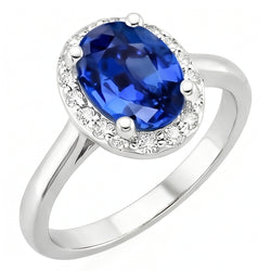 Zaffiro di Ceylon taglio ovale e rotondo con anello di diamanti 2.80 carati WG 14K