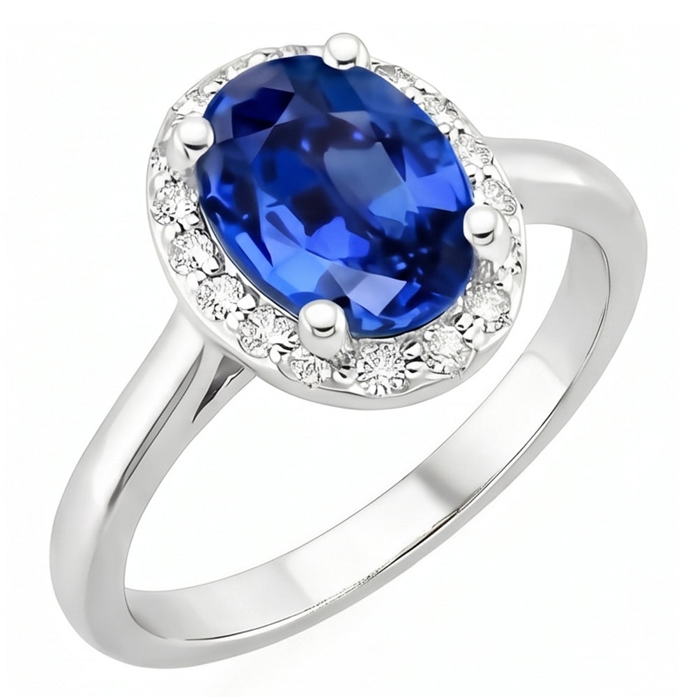 Zaffiro di Ceylon taglio ovale e rotondo con anello di diamanti 2.80 carati WG 14K