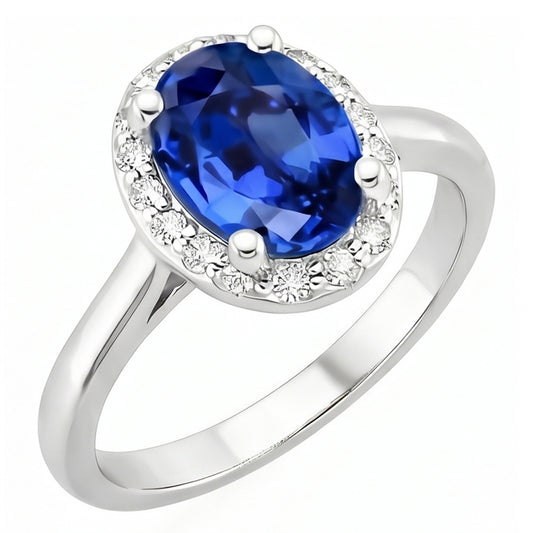 Zaffiro di Ceylon taglio ovale e rotondo con anello di diamanti 2.80 carati WG 14K