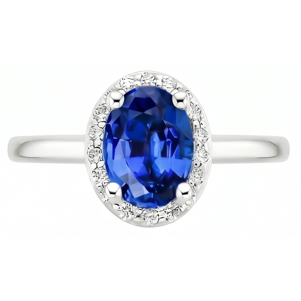 Zaffiro di Ceylon taglio ovale e rotondo con anello di diamanti 2.80 carati WG 14K
