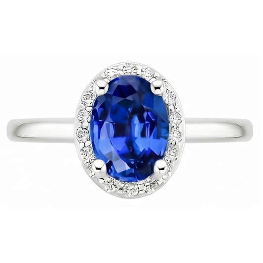 Zaffiro di Ceylon taglio ovale e rotondo con anello di diamanti 2.80 carati WG 14K
