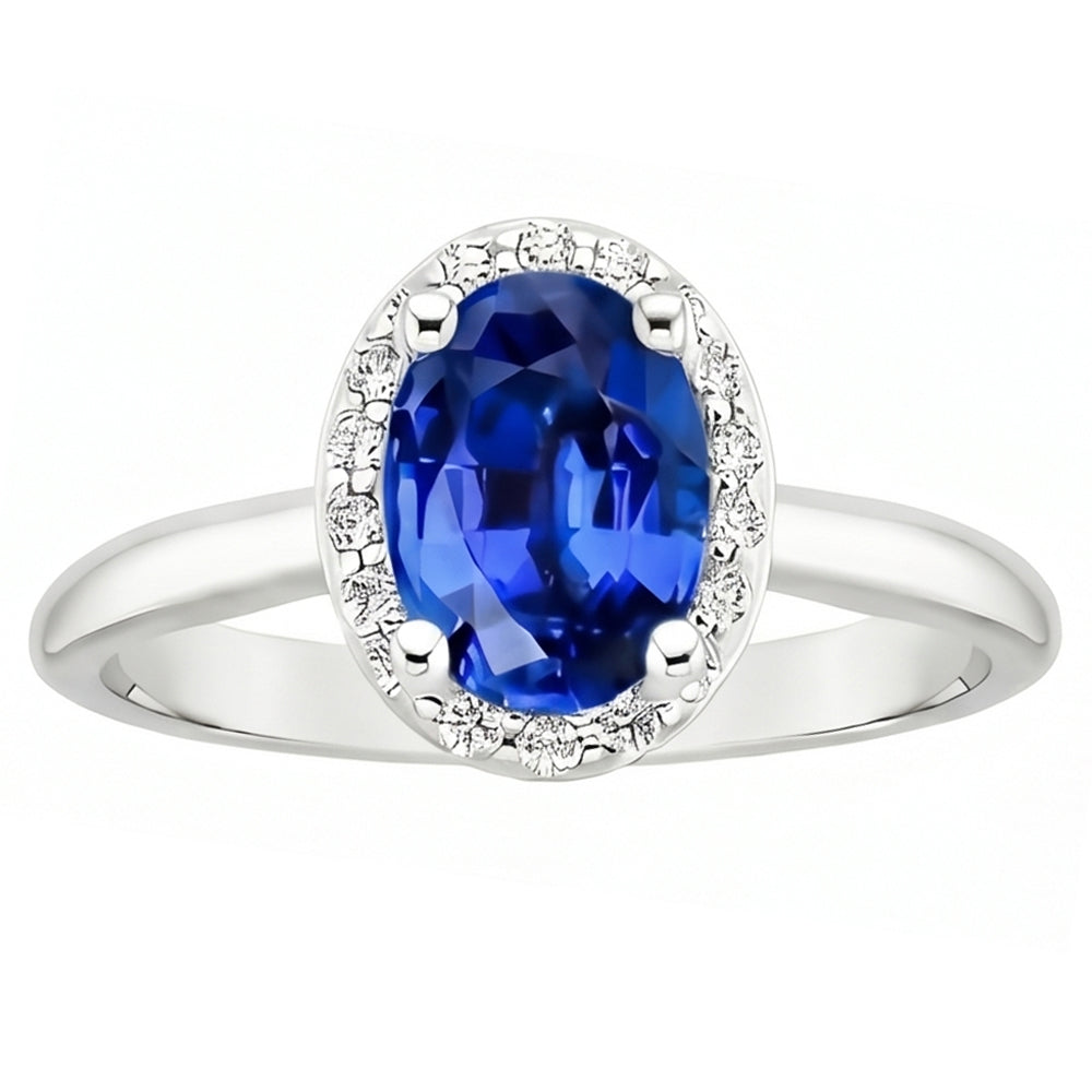 Zaffiro di Ceylon taglio ovale e rotondo con anello di diamanti 2.80 carati WG 14K
