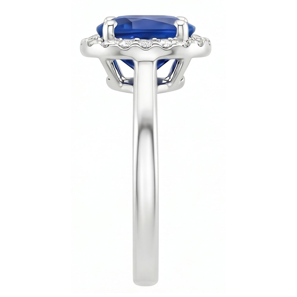 Zaffiro di Ceylon taglio ovale e rotondo con anello di diamanti 2.80 carati WG 14K