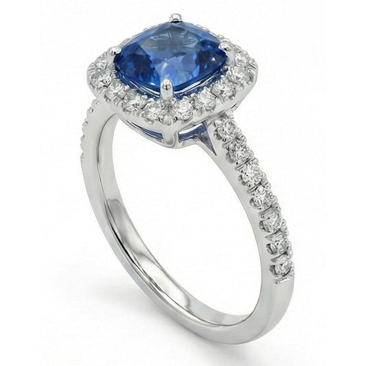Zaffiro Ceylon taglio cuscino blu da 1,75 ct con fede nuziale in diamante