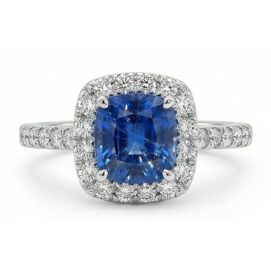 Zaffiro Ceylon taglio cuscino blu da 1,75 ct con fede nuziale in diamante