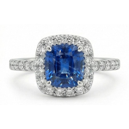 Zaffiro Ceylon taglio cuscino blu da 1,75 ct con fede nuziale in diamante
